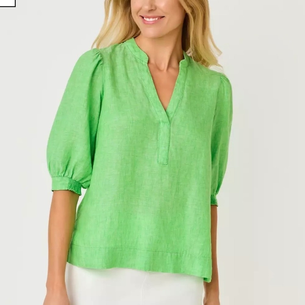 Lilly Pulitzer Mialeigh Elbow Sleeve 100% Linen Top in Jade Lime 0 Beach Coastal